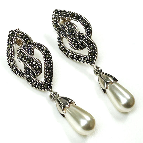 Modern Sterling Silver, Pearl and Marcasite Drop Earrings