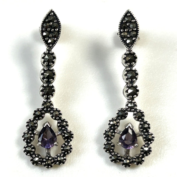 Sterling Silver, Amethyst and Marcasite Drop Earrings