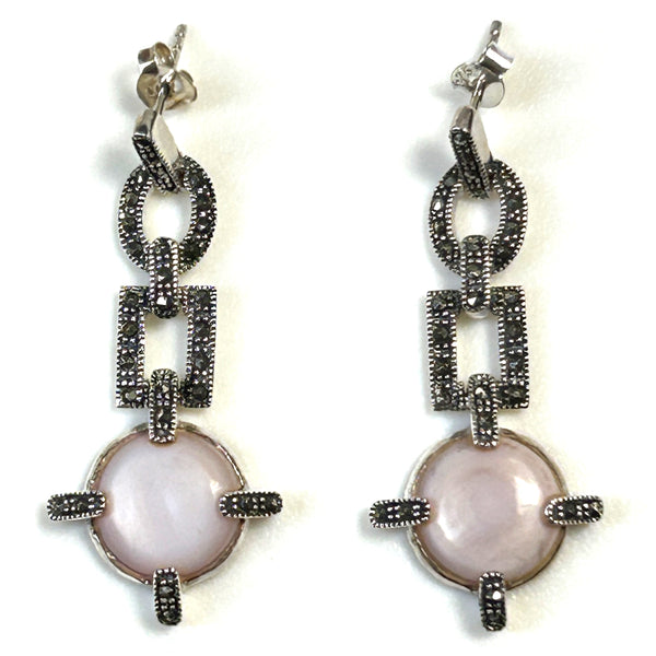 Modern Silver, Mother-of-Pearl and Marcasite Drop Earrings