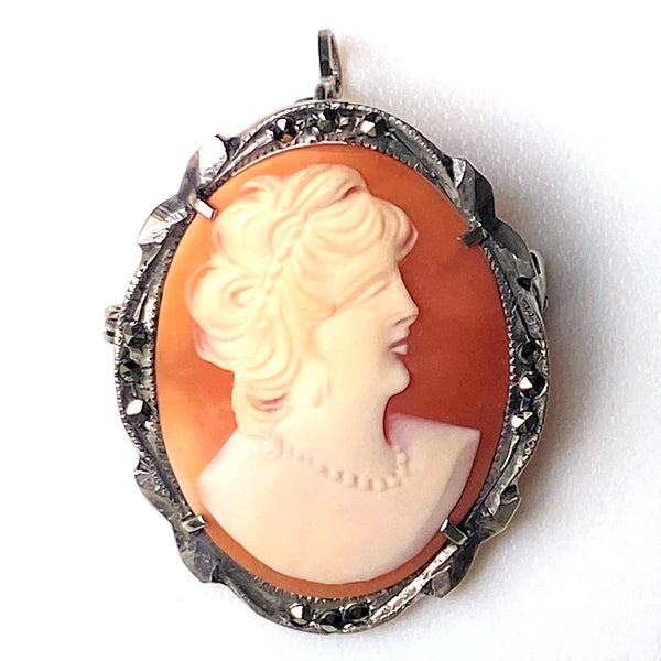 Vintage Silver, Marcasite, and Cameo Pendant Brooch