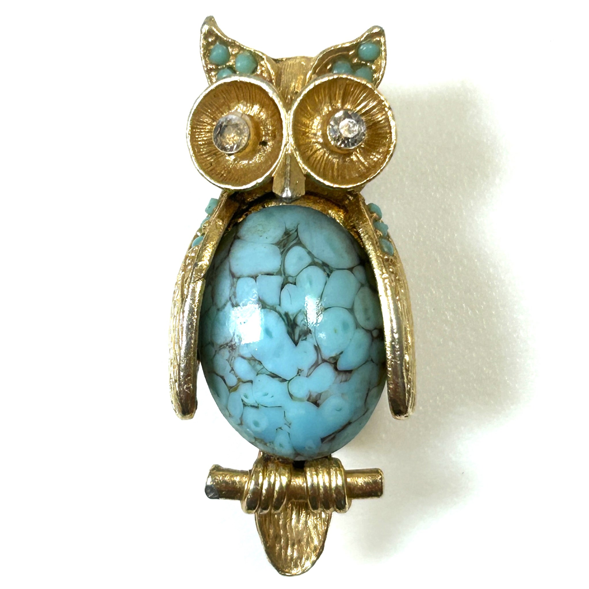 Yellow Metal and Turquoise Novelty “Owl” Brooch
