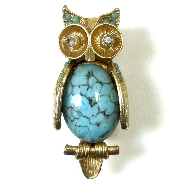 Yellow Metal and Turquoise Novelty “Owl” Brooch