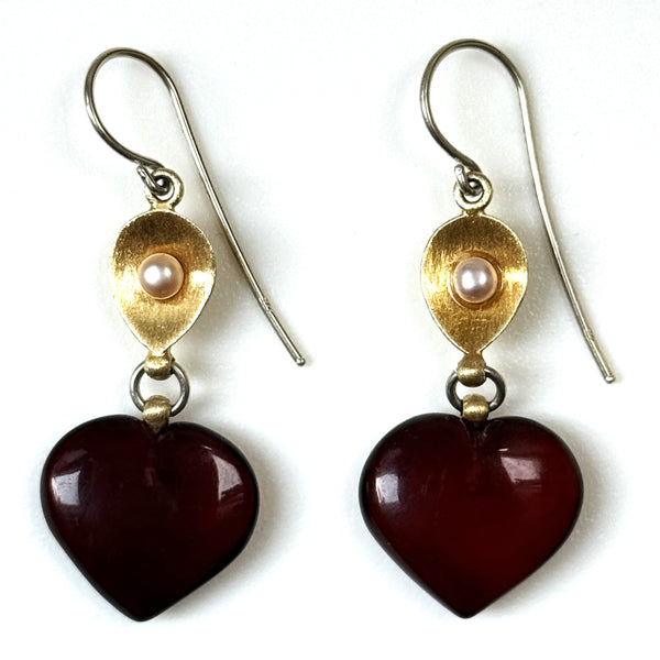 Gold-Plated Sterling Silver, Pearl and Amber Drop Earrings