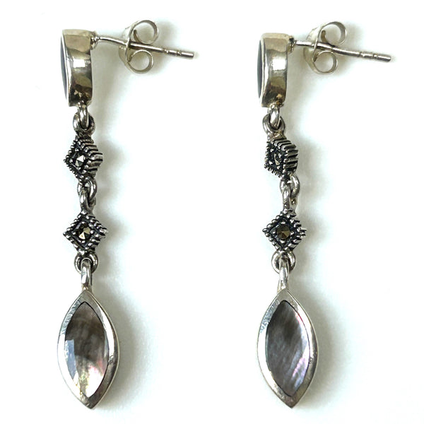 Sterling Silver, Mother-of-Pearl, and Marcasite Drop Earrings