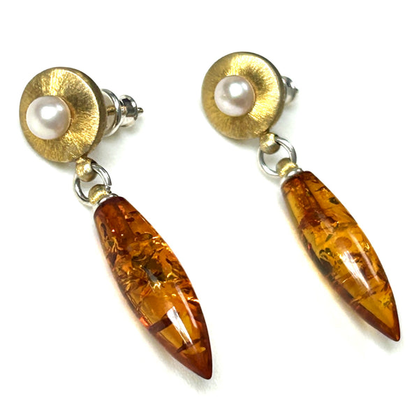 Gold-Plated Sterling Silver, Pearl and Amber Drop Earrings