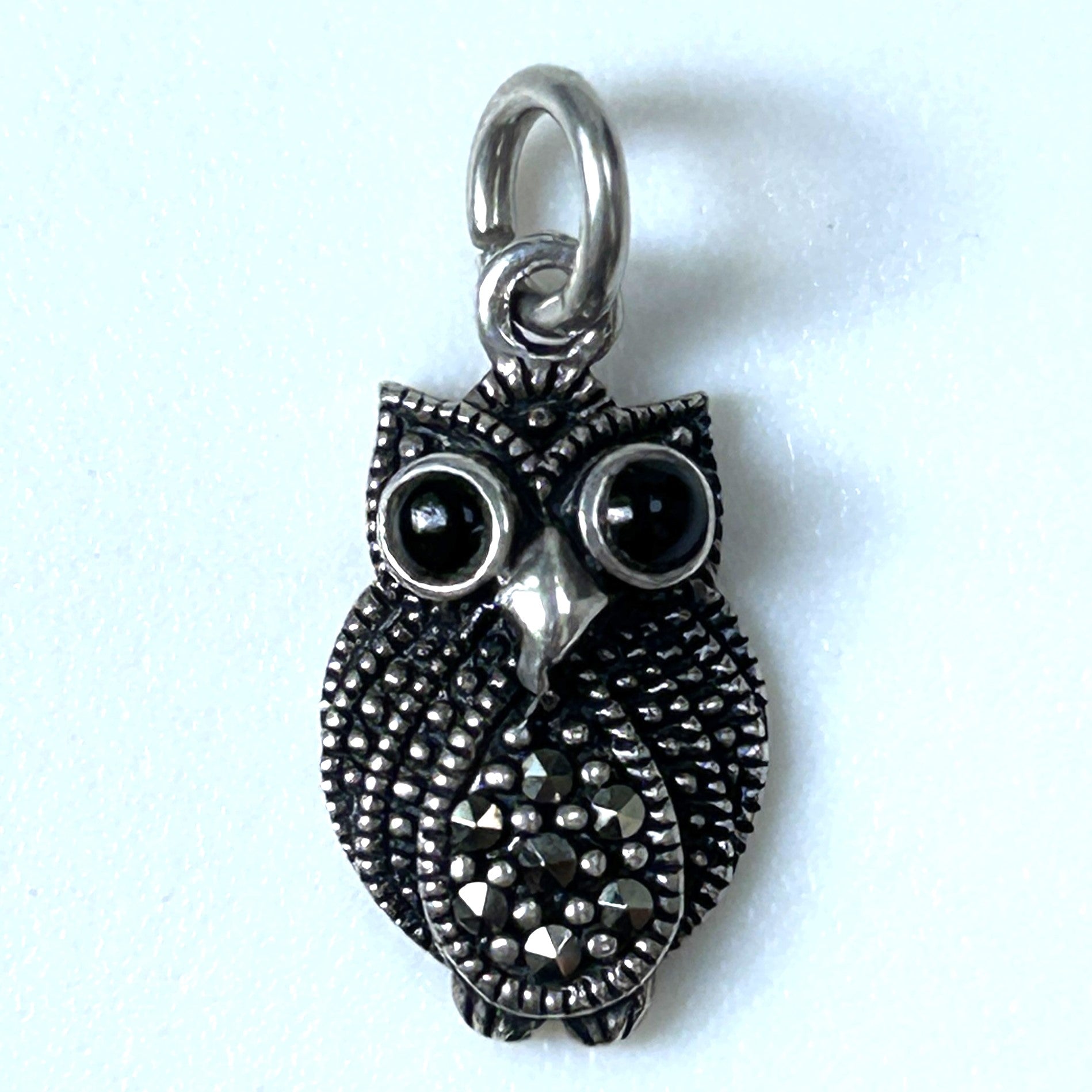 Small Sterling Silver, Onyx and Marcasite “Owl” Charm Pendant