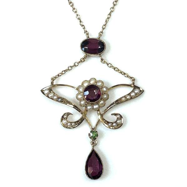 Art Nouveau 9ct Gold, Garnet, Tsavorite and Pearl Necklace