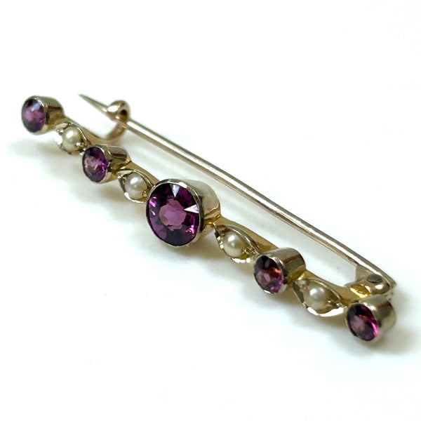 Antique 9ct Gold, Garnet and Pearl Bar Brooch