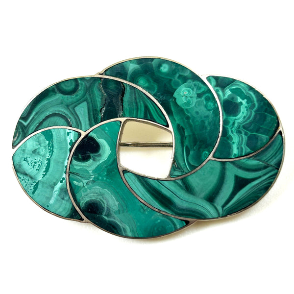 Large Scottish Silver and Malachite Pebble Brooch
