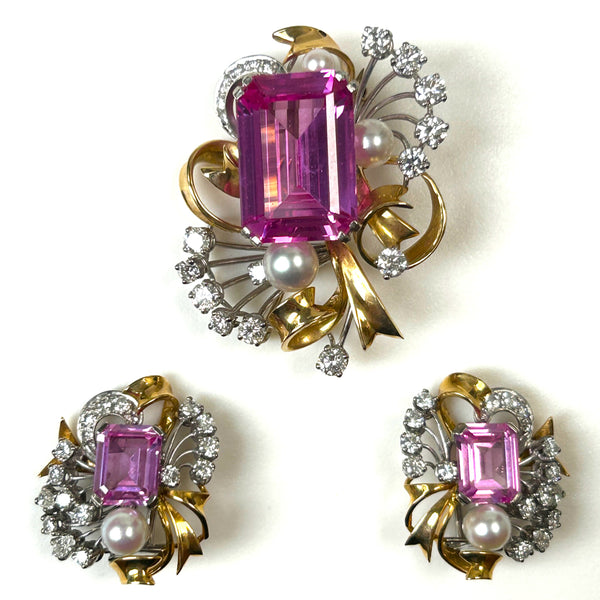 Vintage 9ct Gold, Pink Corundum, Diamond and Pearl Brooch and Earrings