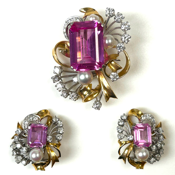 Vintage 9ct Gold, Pink Spinel, Diamond and Pearl Brooch and Earrings