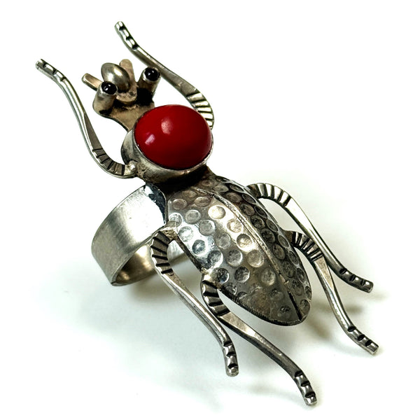 Large Vintage Sterling Silver, Coral and Ruby “Insect” Ring