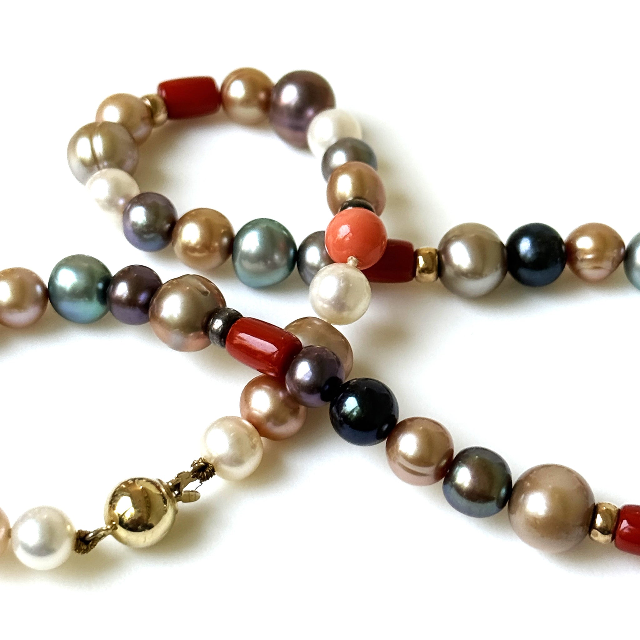 9ct Yellow Gold, Coral and Mixed Pearl Necklace