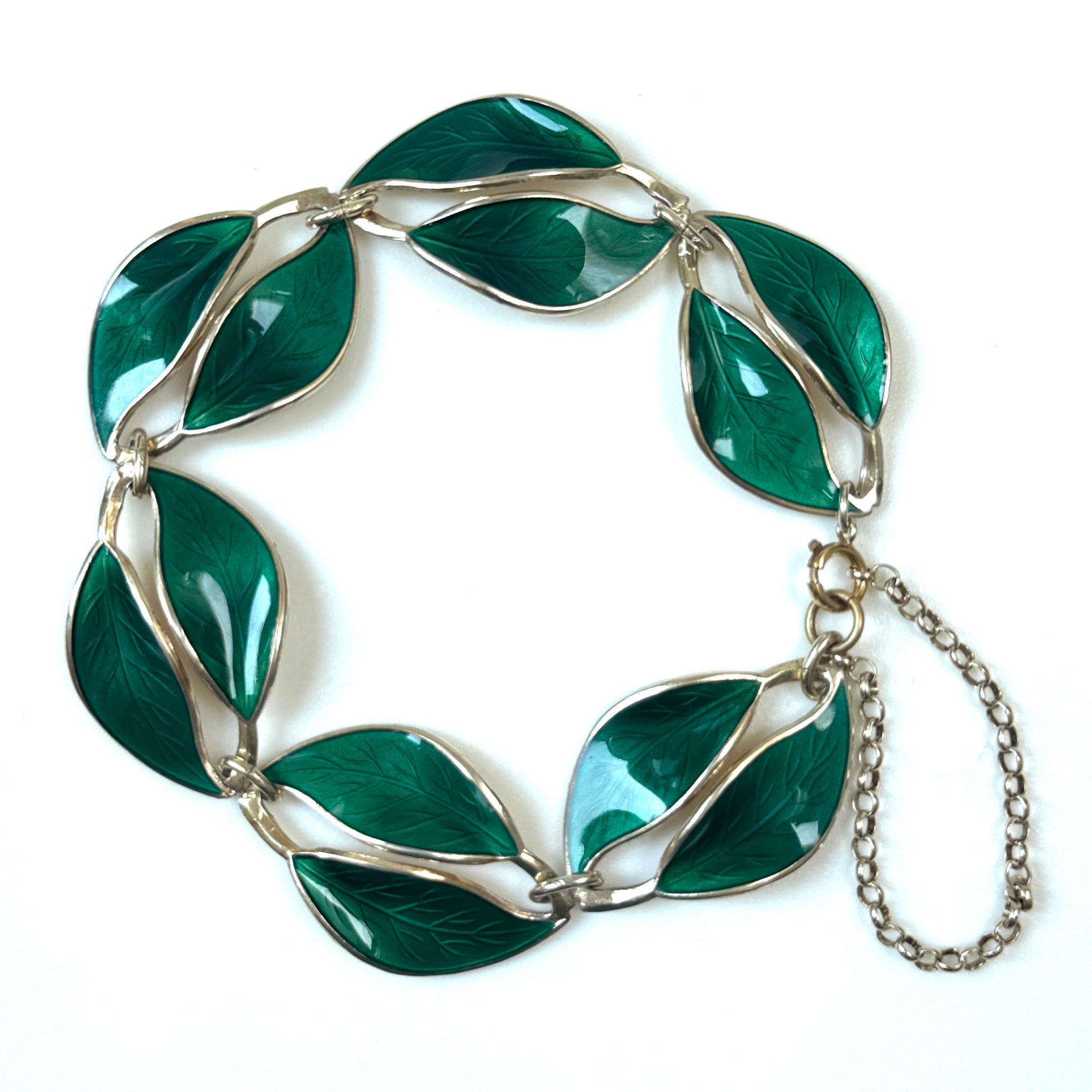 Vintage David-Andersen Green Enamel Leaf Bracelet by Willy Winnaess