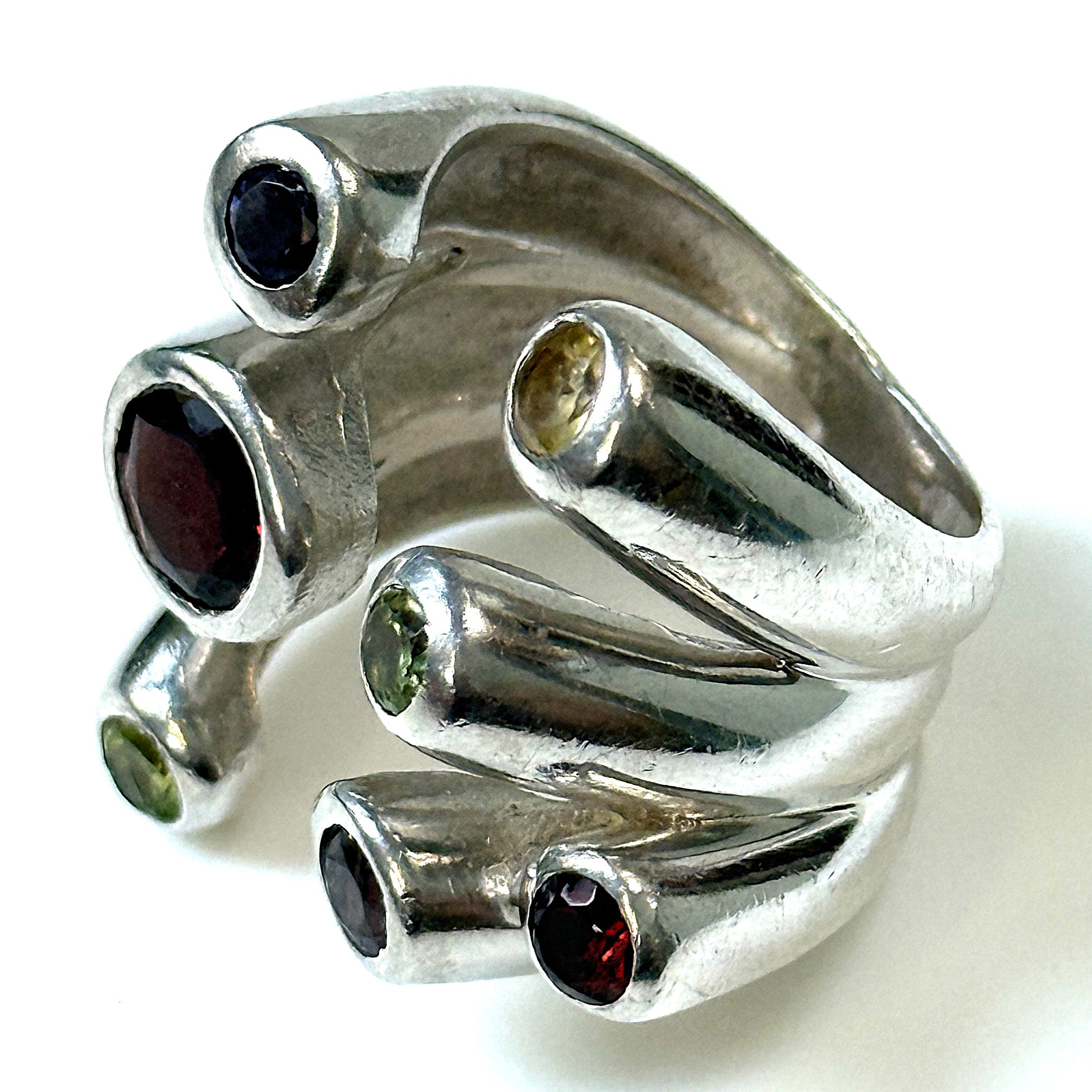 Large Sterling Silver and Multi Gemstone Open Ring