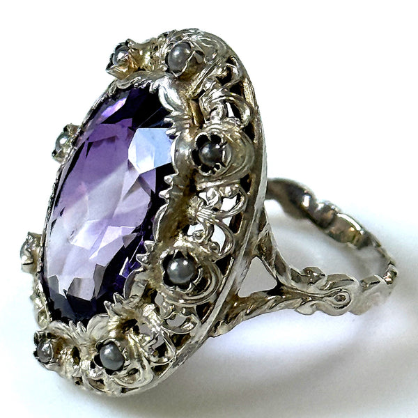 Vintage Gilded Silver, Seed Pearl and Amethyst Dress Ring