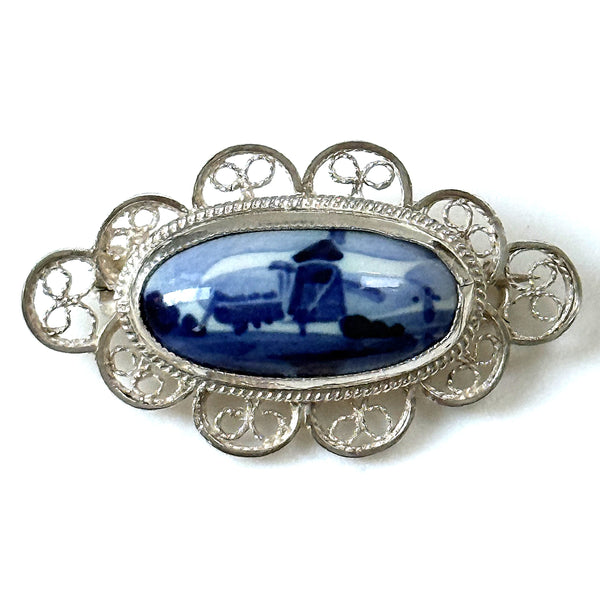 Vintage Silver Filigree and Delft Porcelain Brooch