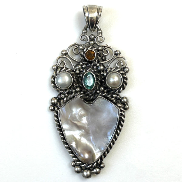 Large Sterling Silver, Pearl and Gemstone Pendant