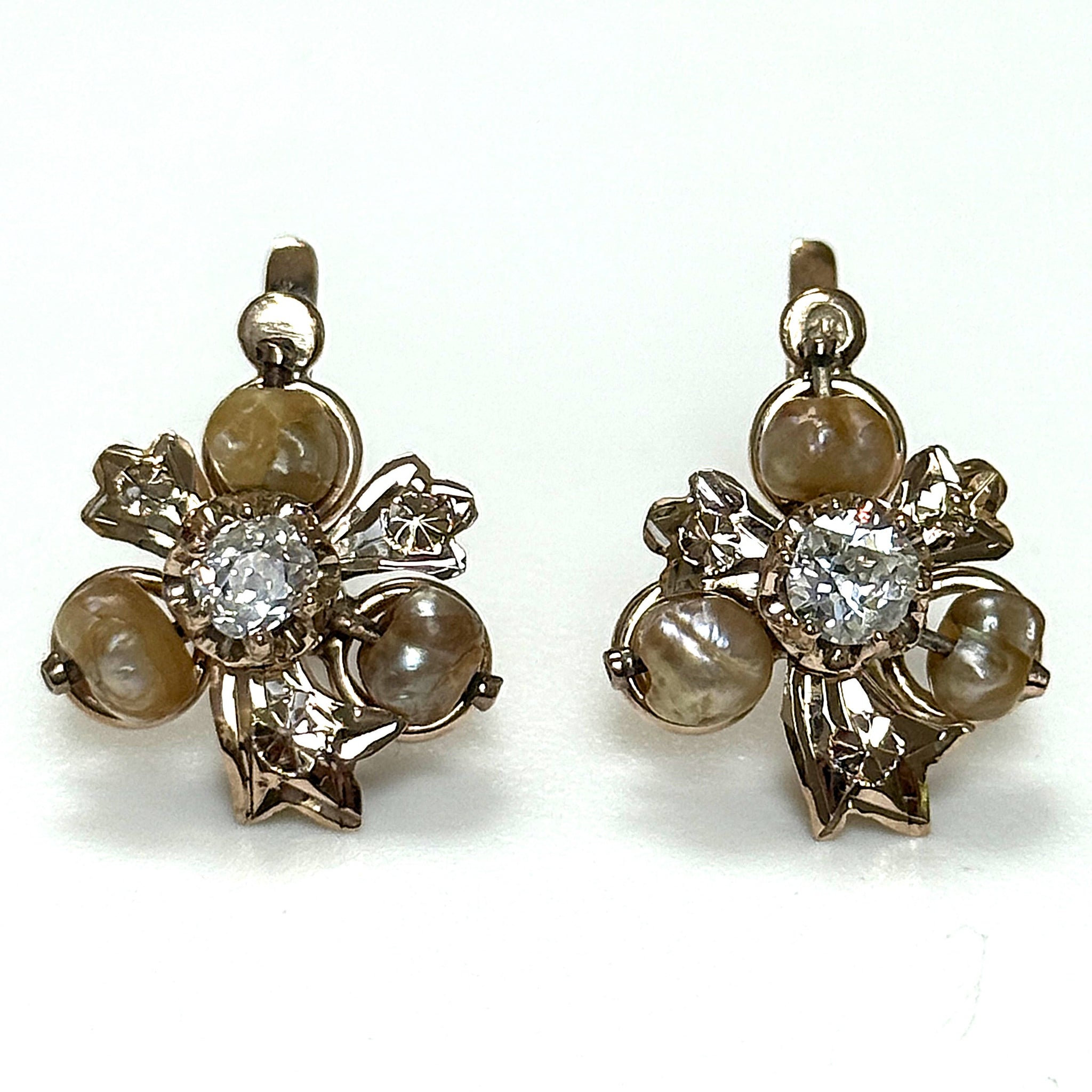 Antique 9ct Rose Gold, Diamond and Pearl Earrings