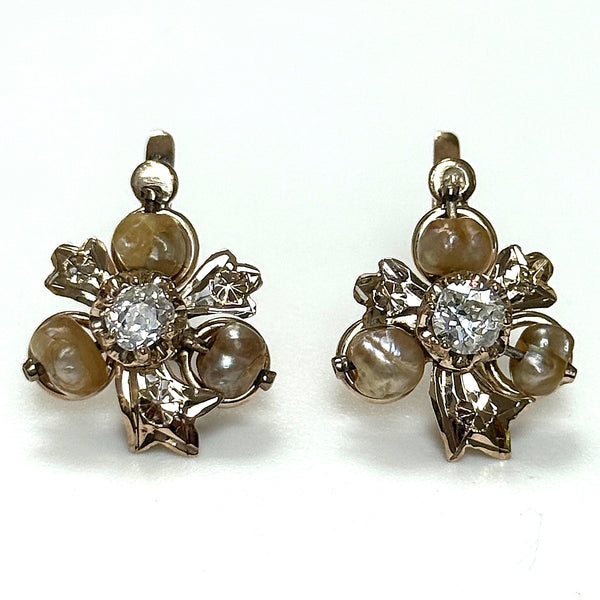 Antique 9ct Rose Gold, Diamond and Pearl Earrings