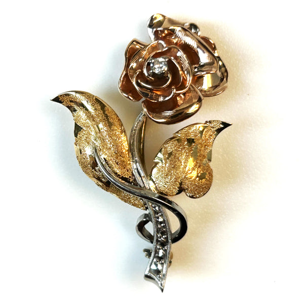 Tricolour Gold, Palladium and Diamond “Flower” Brooch