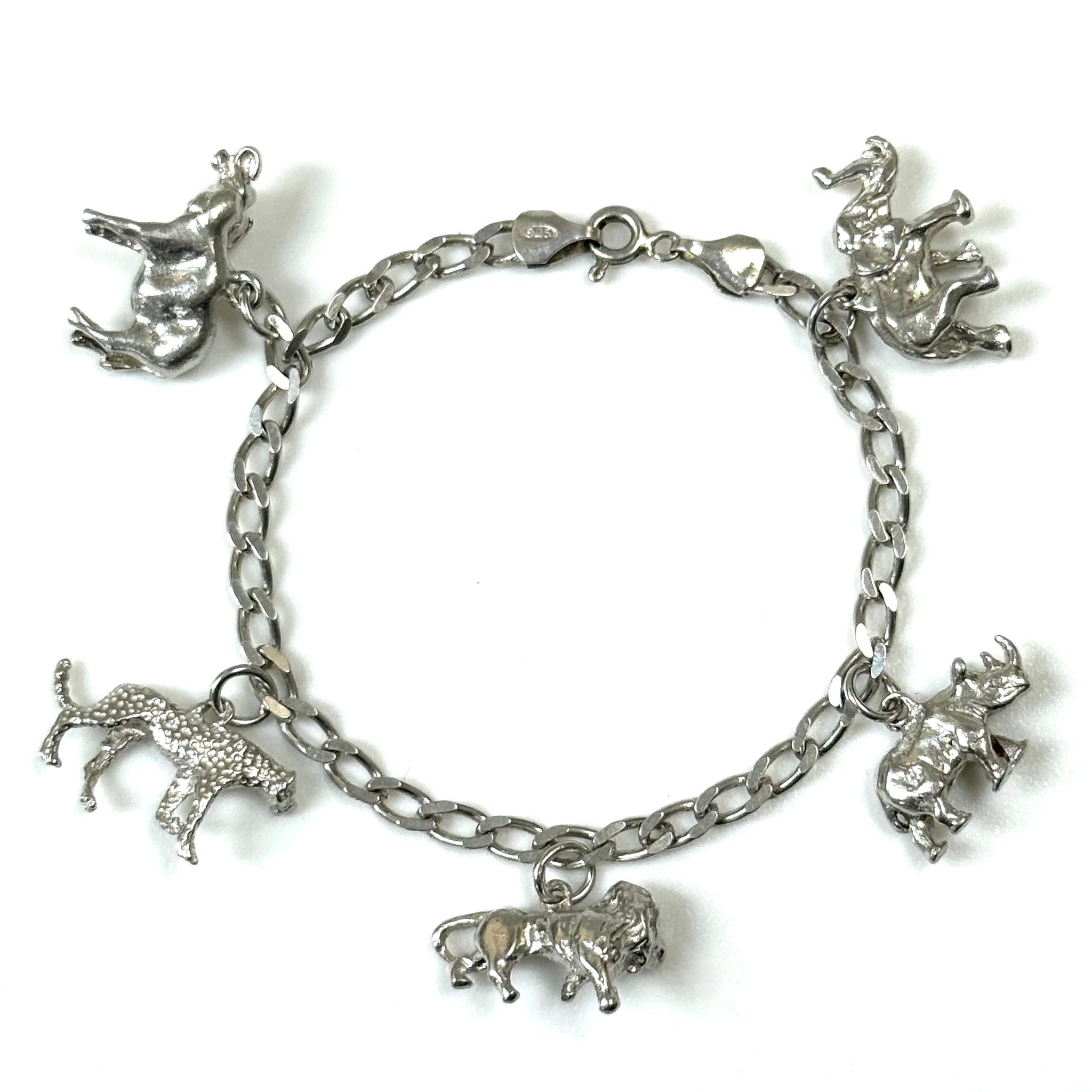 Vintage Sterling Silver African Big Five Charm Bracelet