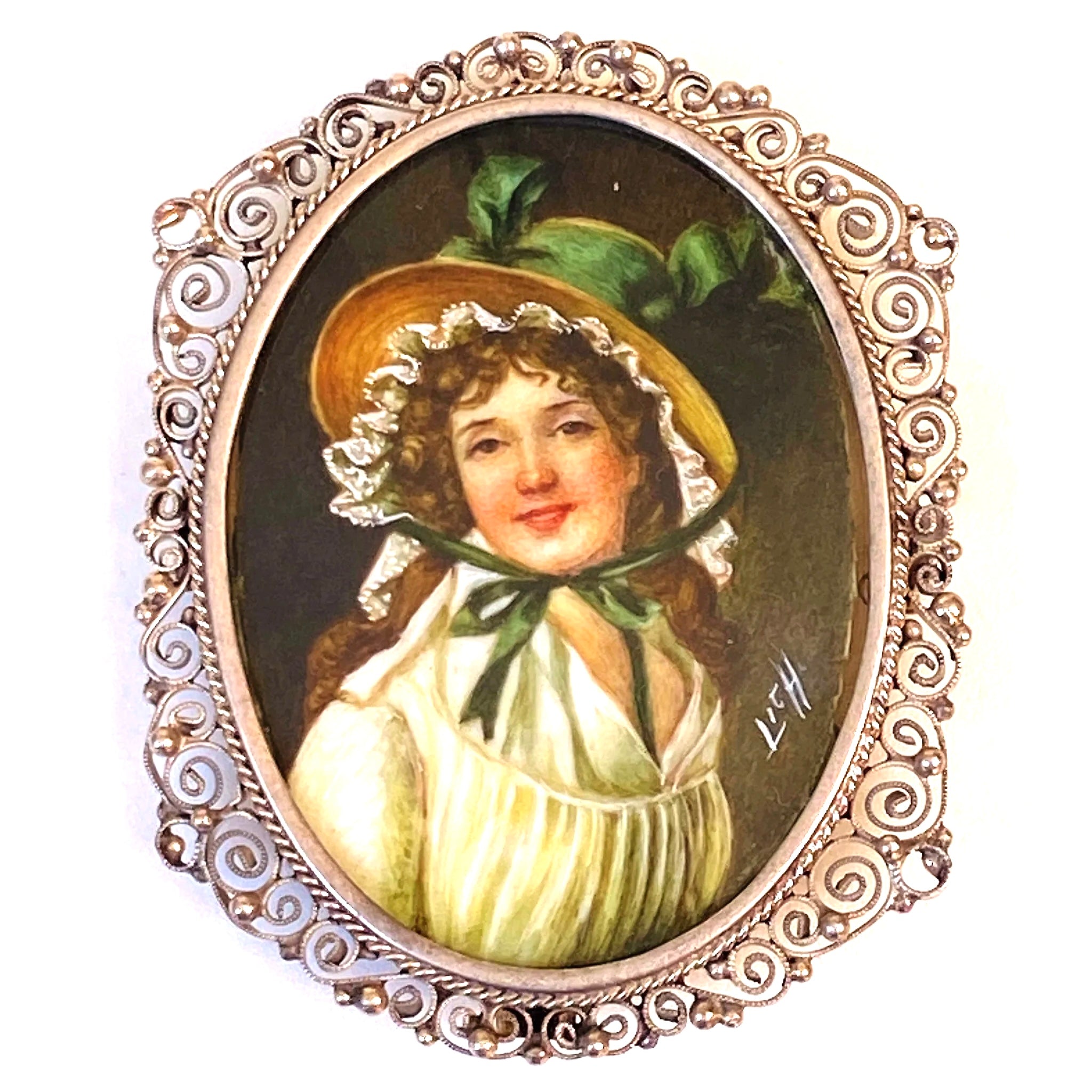 Antique Silver Brooch with Hand-painted Miniature of a Lady