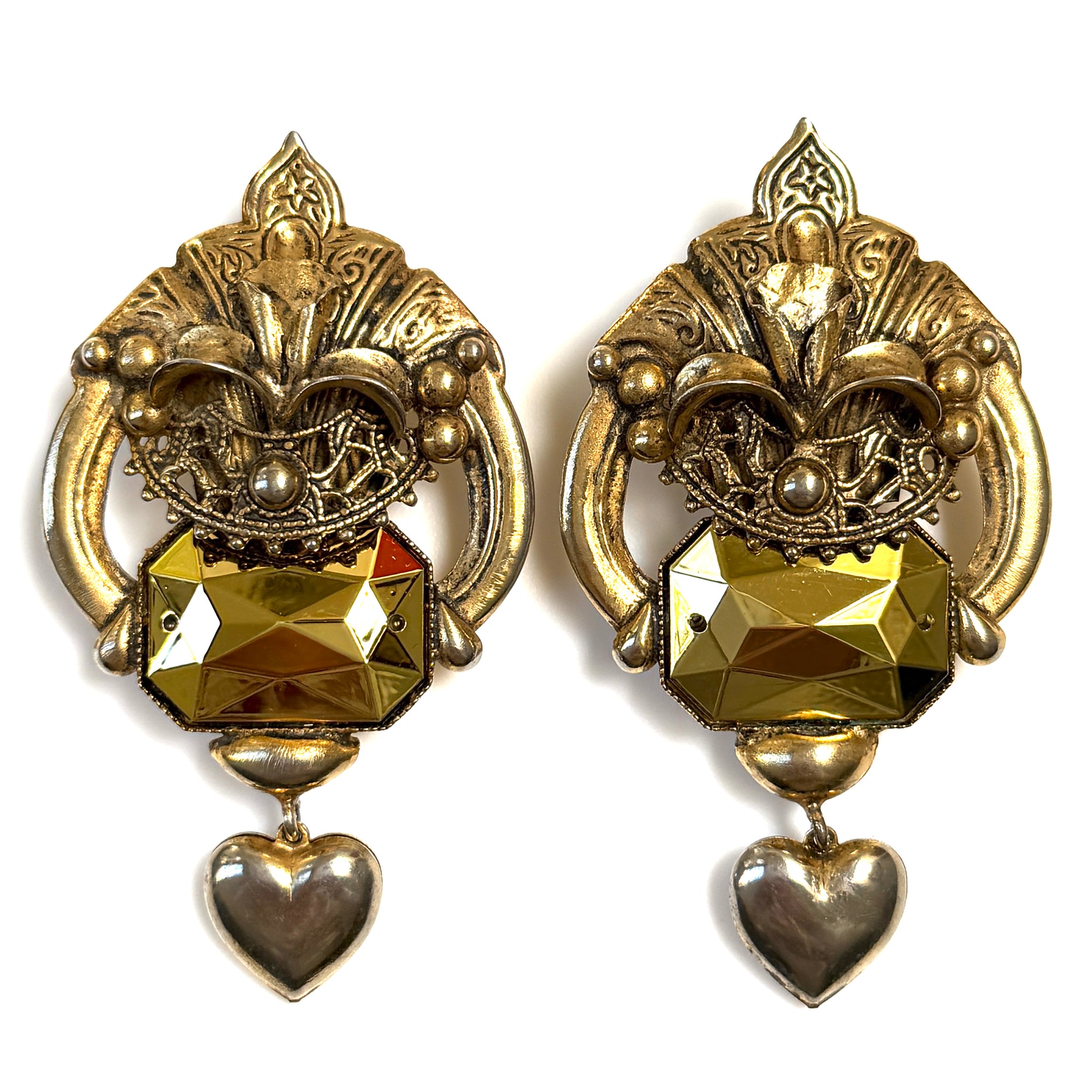 Large Gold-Tone and Faux “Gemstone” Clip-On Earrings
