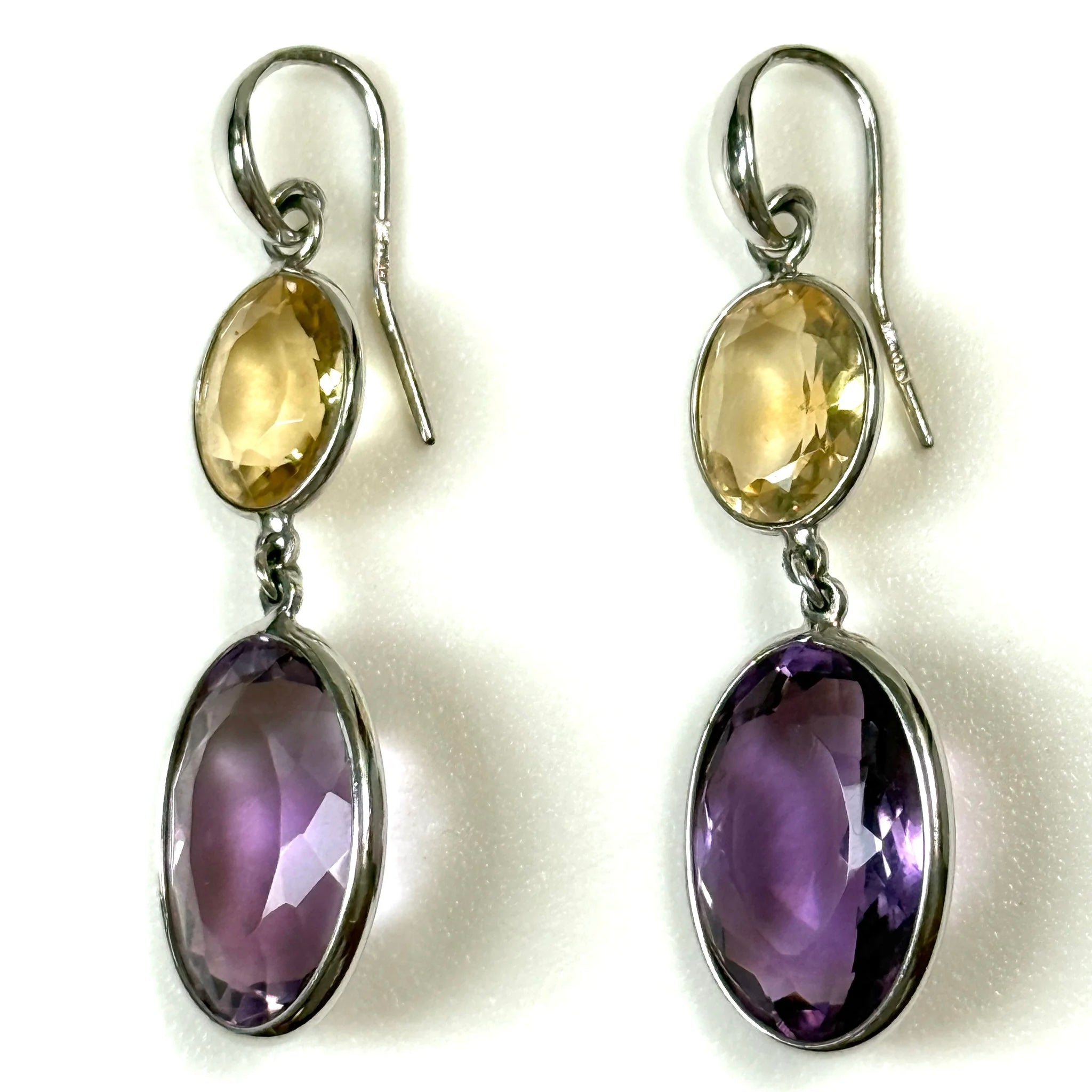 Large 14ct White Gold, Amethyst and Citrine Drop Earrings