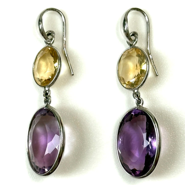 Large 14ct White Gold, Amethyst and Citrine Drop Earrings