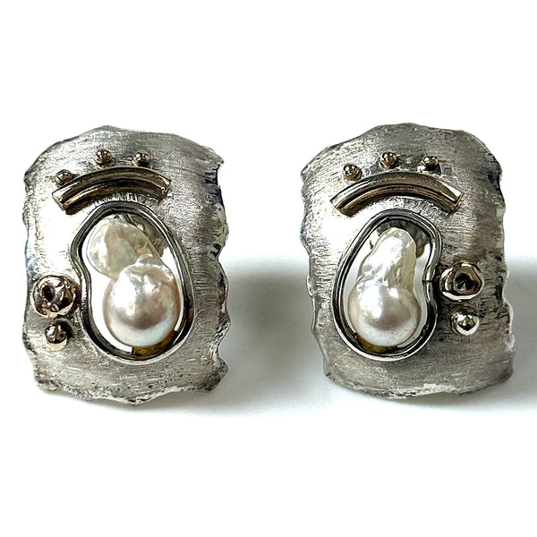 Vintage Sterling Silver, 9ct Yellow Gold and Pearl Earrings