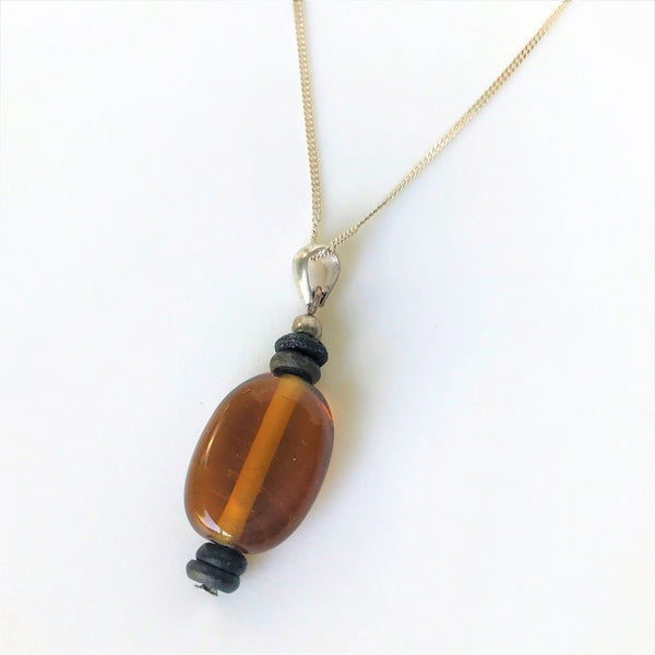 Sterling Silver, Amber and Wood Pendant Necklace