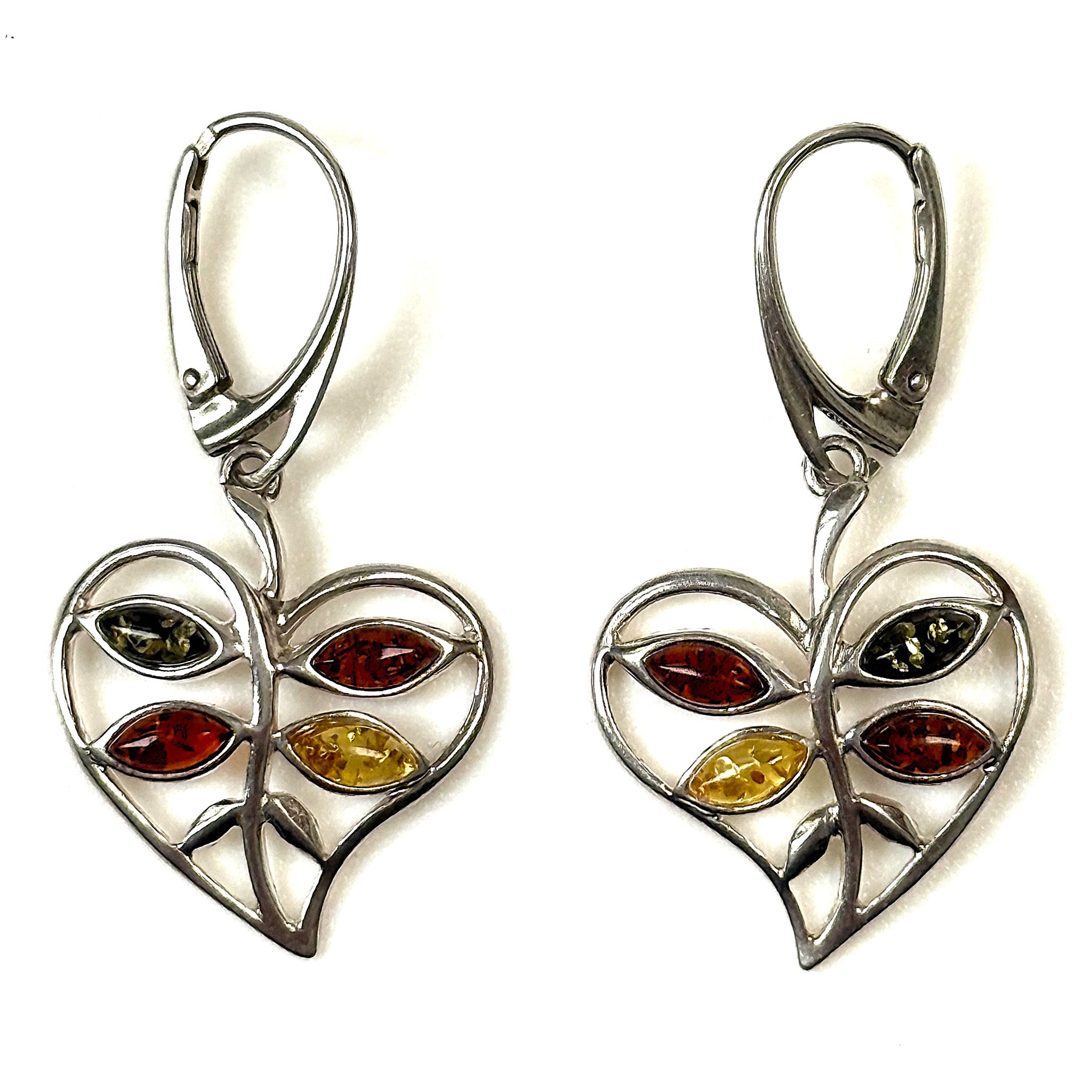Sterling Silver and Amber “Heart” Drop Earrings