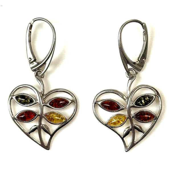 Sterling Silver and Amber “Heart” Drop Earrings