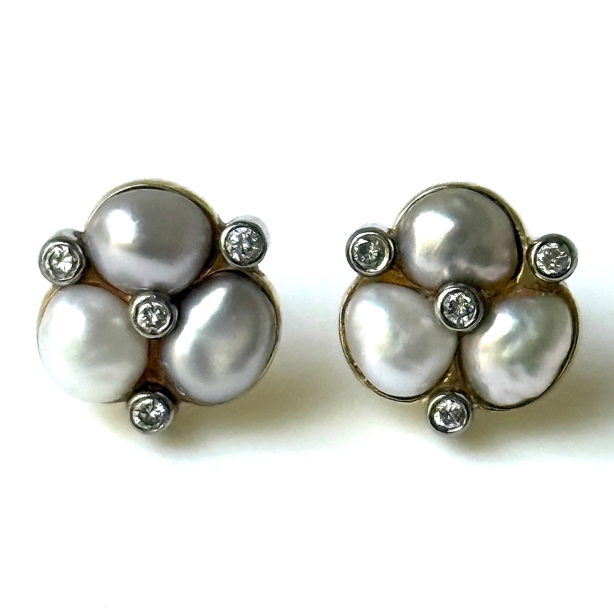 Vintage Two-Tone 14ct Gold, Pearl and Diamond Stud Earrings