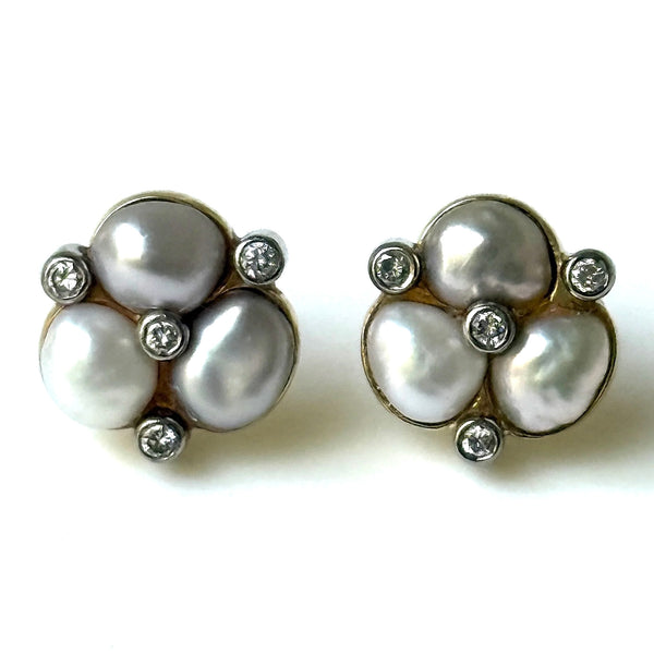 Vintage Two-Tone 14ct Gold, Pearl and Diamond Stud Earrings