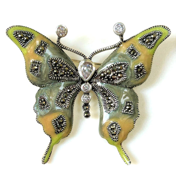 Enamelled Silver, Marcasite and Crystal “Butterfly” Brooch