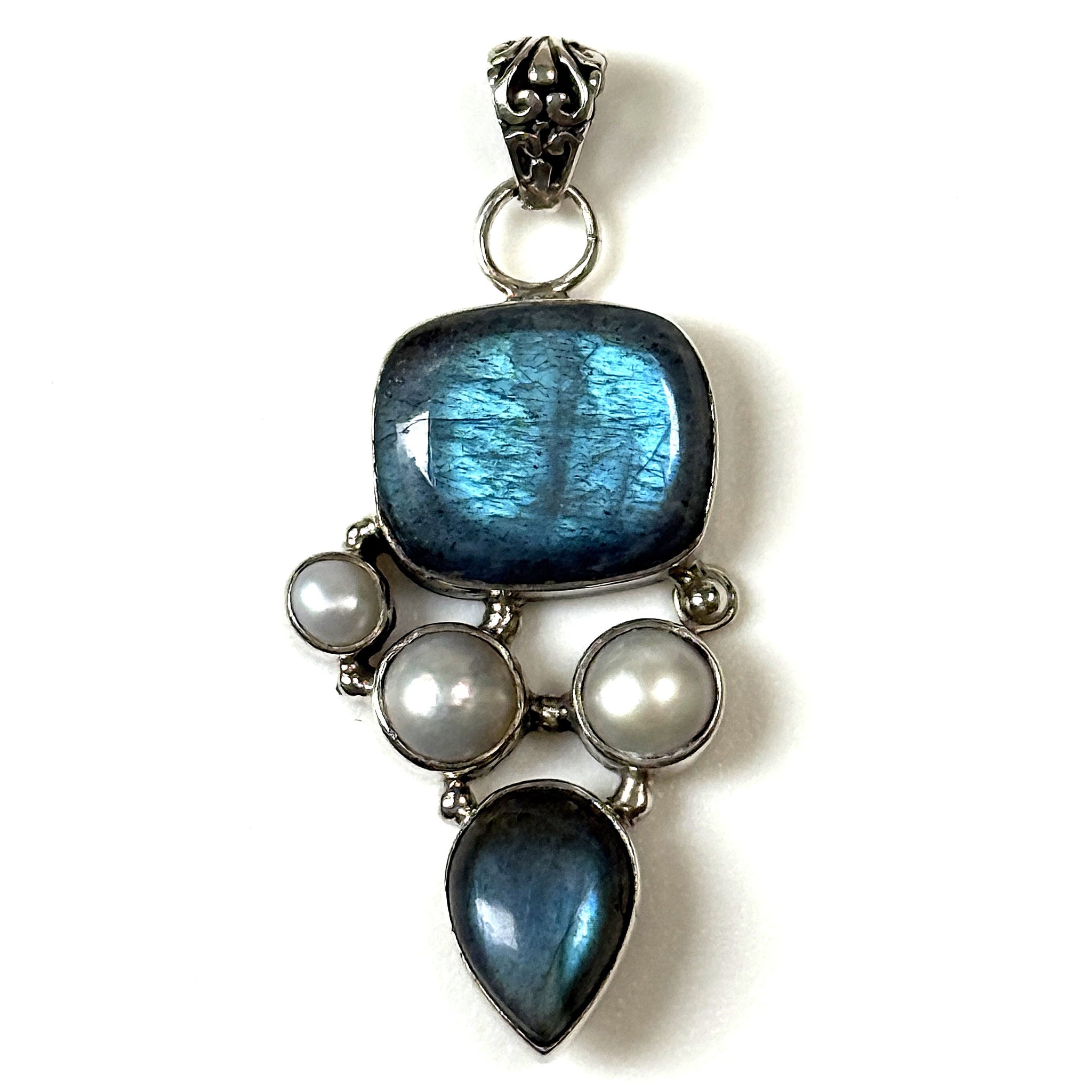 Sterling Silver, Labradorite and Pearl Pendant