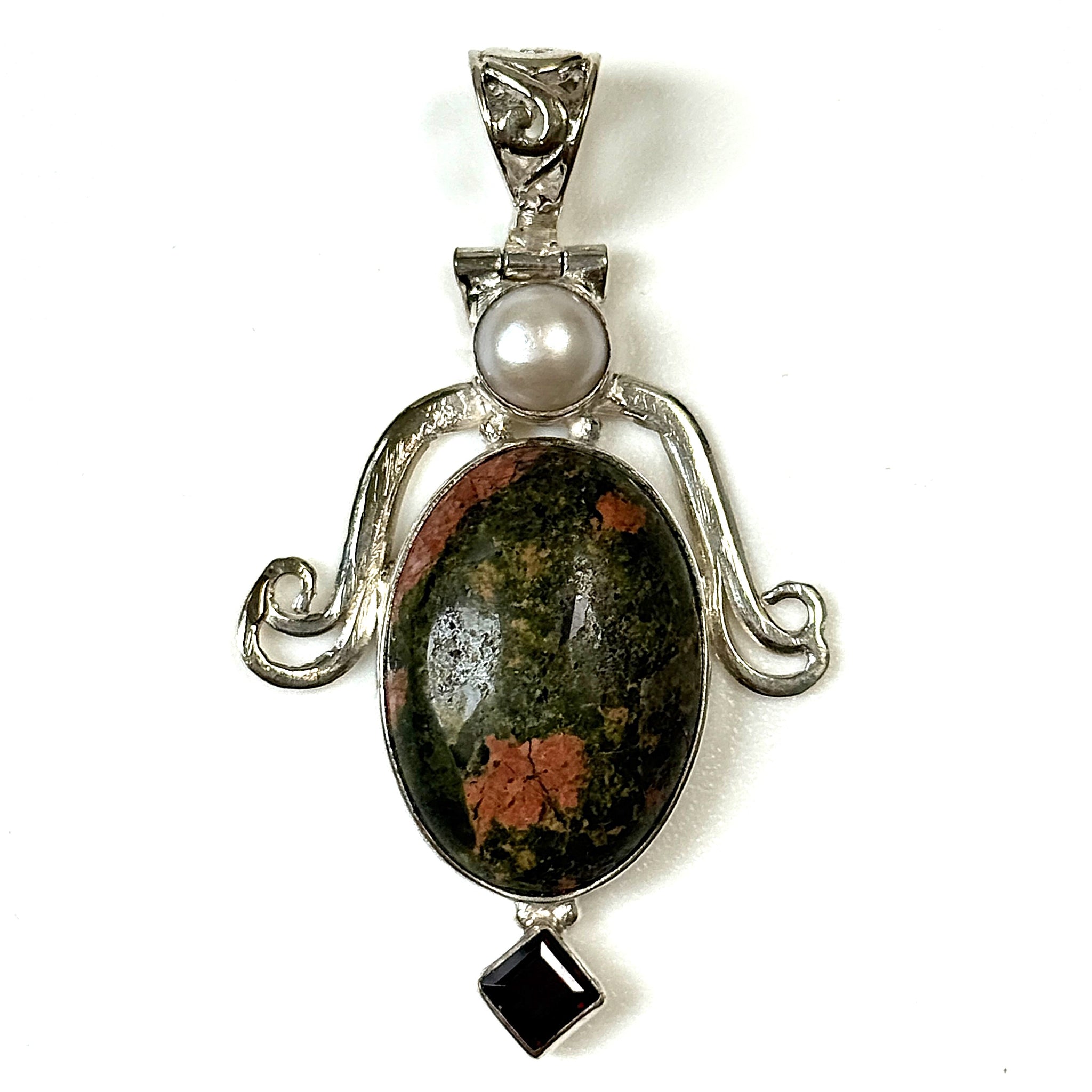 Sterling Silver, Unakite, Garnet and Pearl Pendant