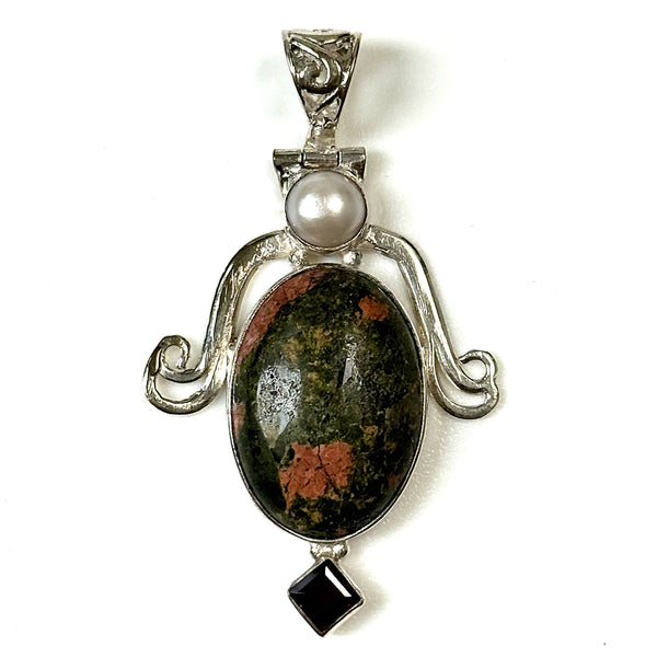 Sterling Silver, Unakite, Garnet and Pearl Pendant