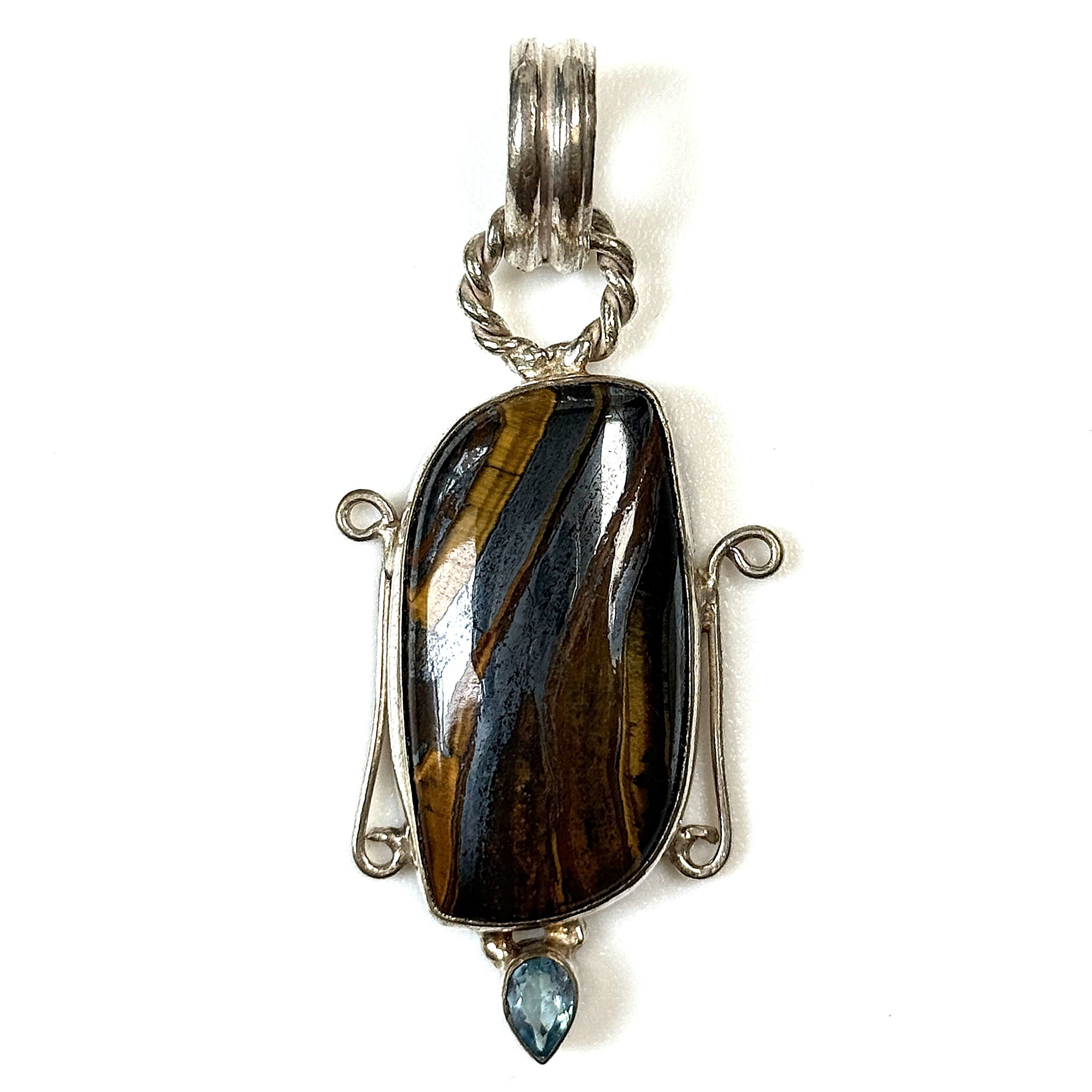 Sterling Silver, Tiger Iron and Blue Topaz Pendant