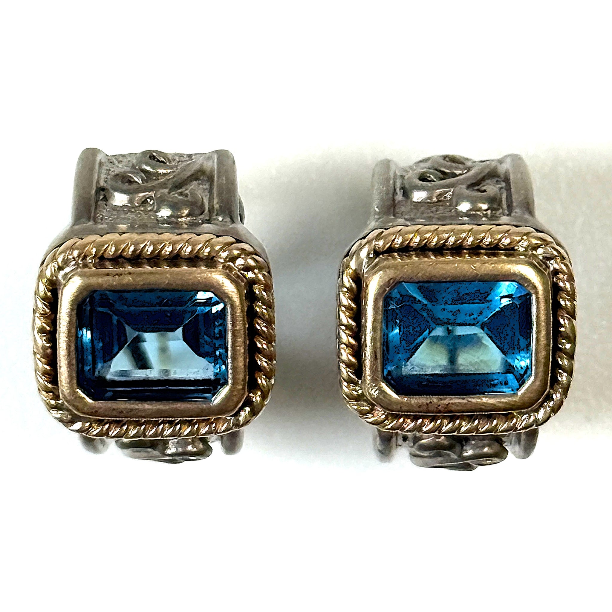 Sterling Silver, 14ct Yellow Gold and Blue Topaz Huggie Earrings
