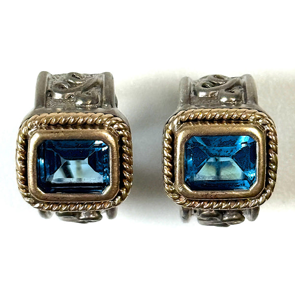 Sterling Silver, 14ct Yellow Gold and Blue Topaz Huggie Earrings