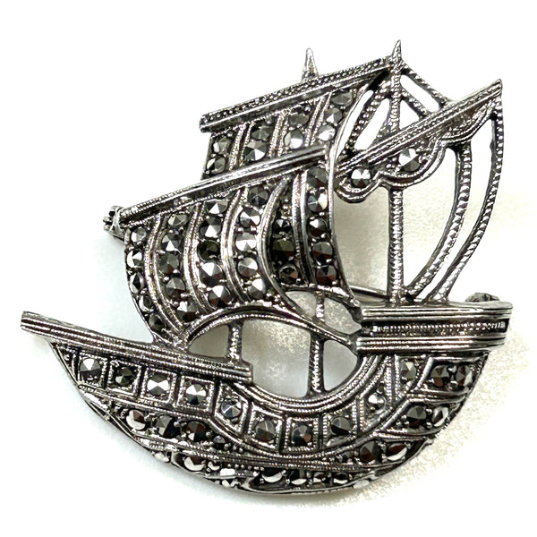 Vintage Silver and Marcasite “Galleon” Brooch