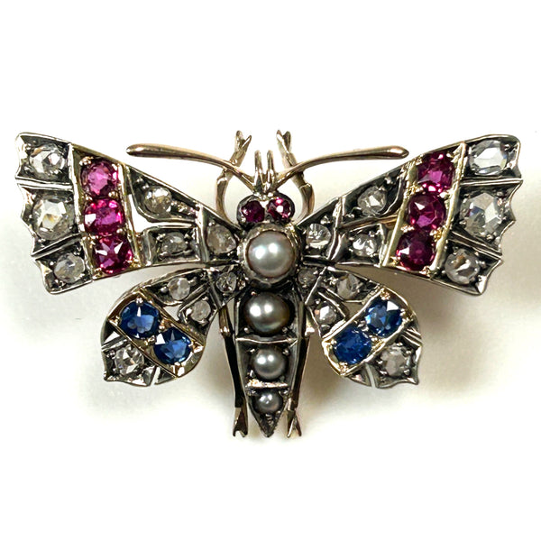 Antique 9ct Yellow Gold, Gemstone and Pearl “Butterfly” Brooch