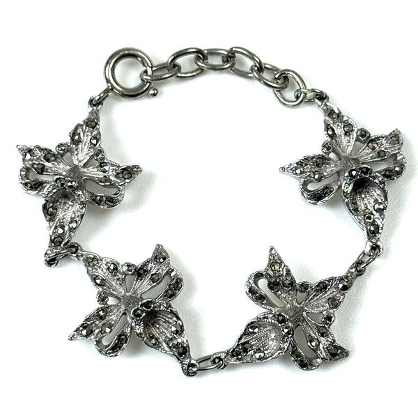 Vintage White Metal and Marcasite Floral Link Bracelet