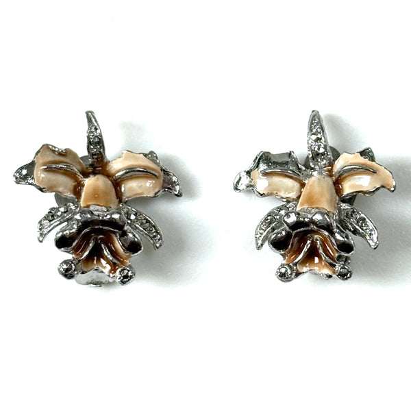 Vintage Marcasite and Enamel Orchid Clip Earrings