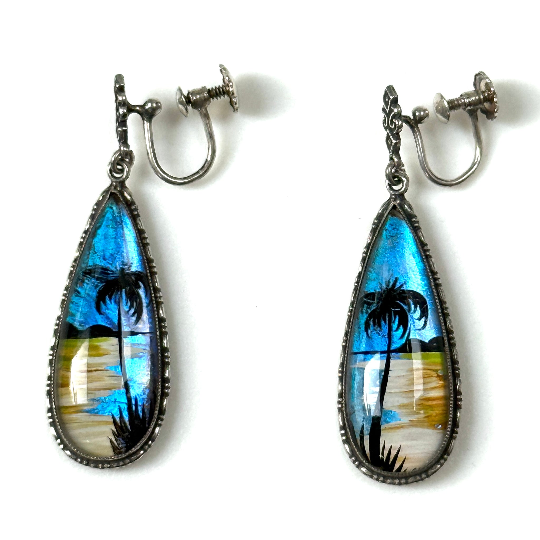 Antique Sterling Silver and Butterfly Wing Thomas Mott Screw-On Earrings