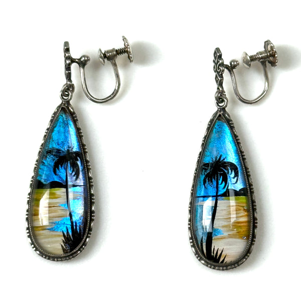 Antique Sterling Silver and Butterfly Wing Thomas Mott Screw-On Earrings