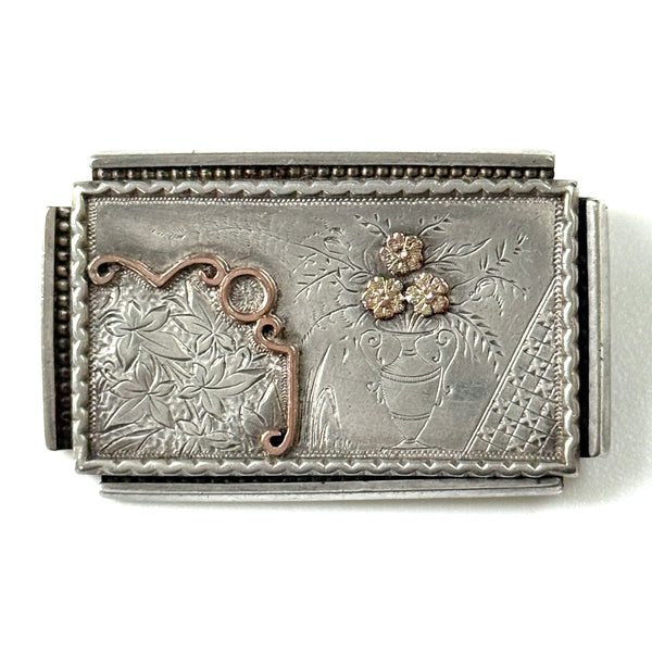 Victorian Aesthetic Movement Silver and Gold Brooch
